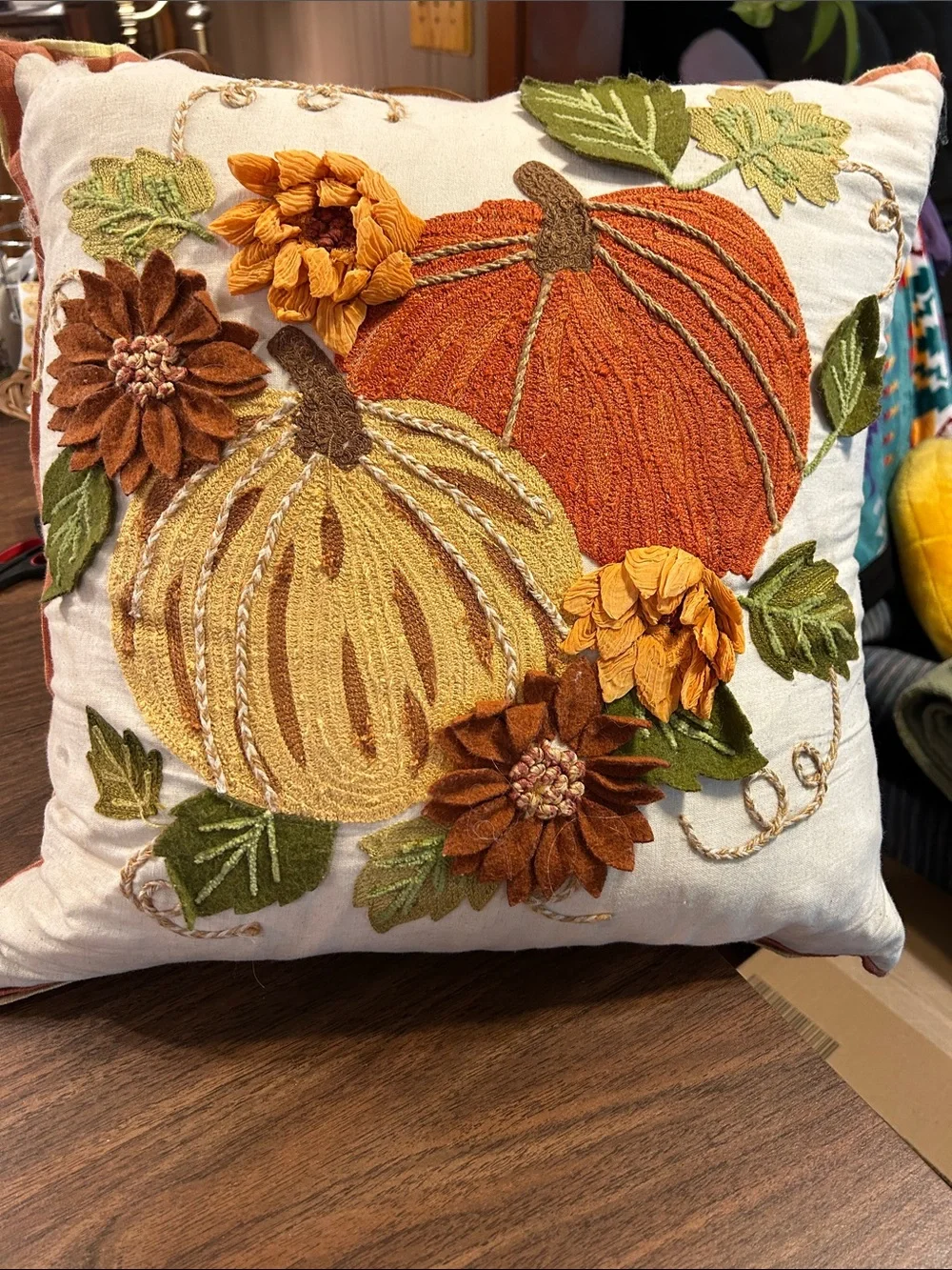 Autumn Pumpkin Embroidered Throw Pillow - Orange & Yellow